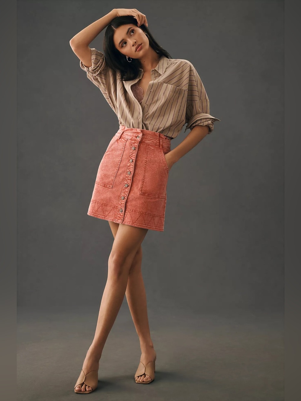 Anthropologie Pilcro Red Acid Wash Denim Button Front Mini Skirt Size 4